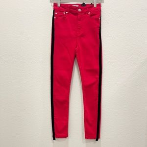 NWOT! ZARA Red and Black Velvet Lined High Rise Skinny Jeans!